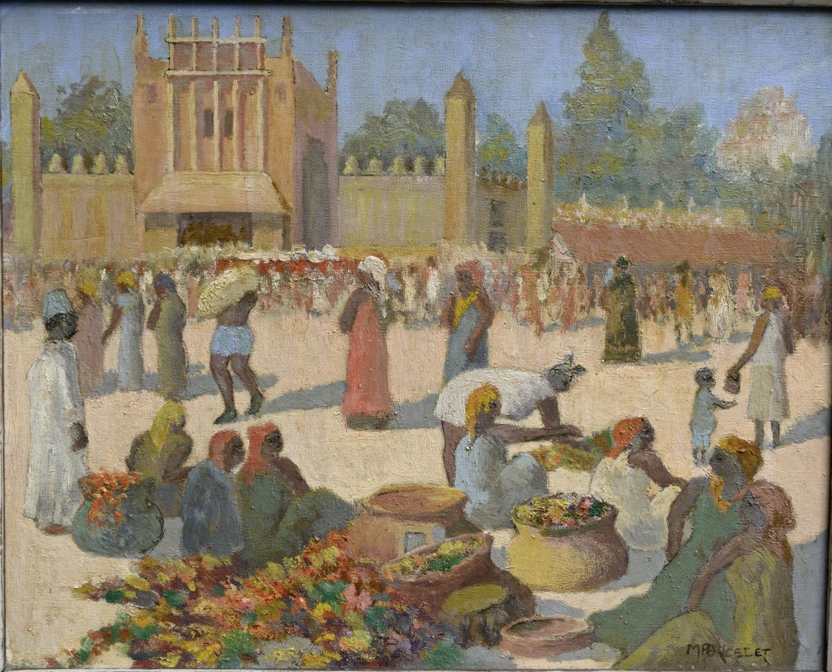 Maurice Poncelet "the Pink Market Of Bamako" Oil On Panel, Early 20th Century-photo-2