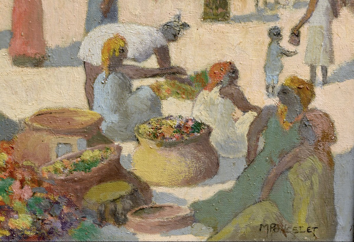 Maurice Poncelet "the Pink Market Of Bamako" Oil On Panel, Early 20th Century-photo-3