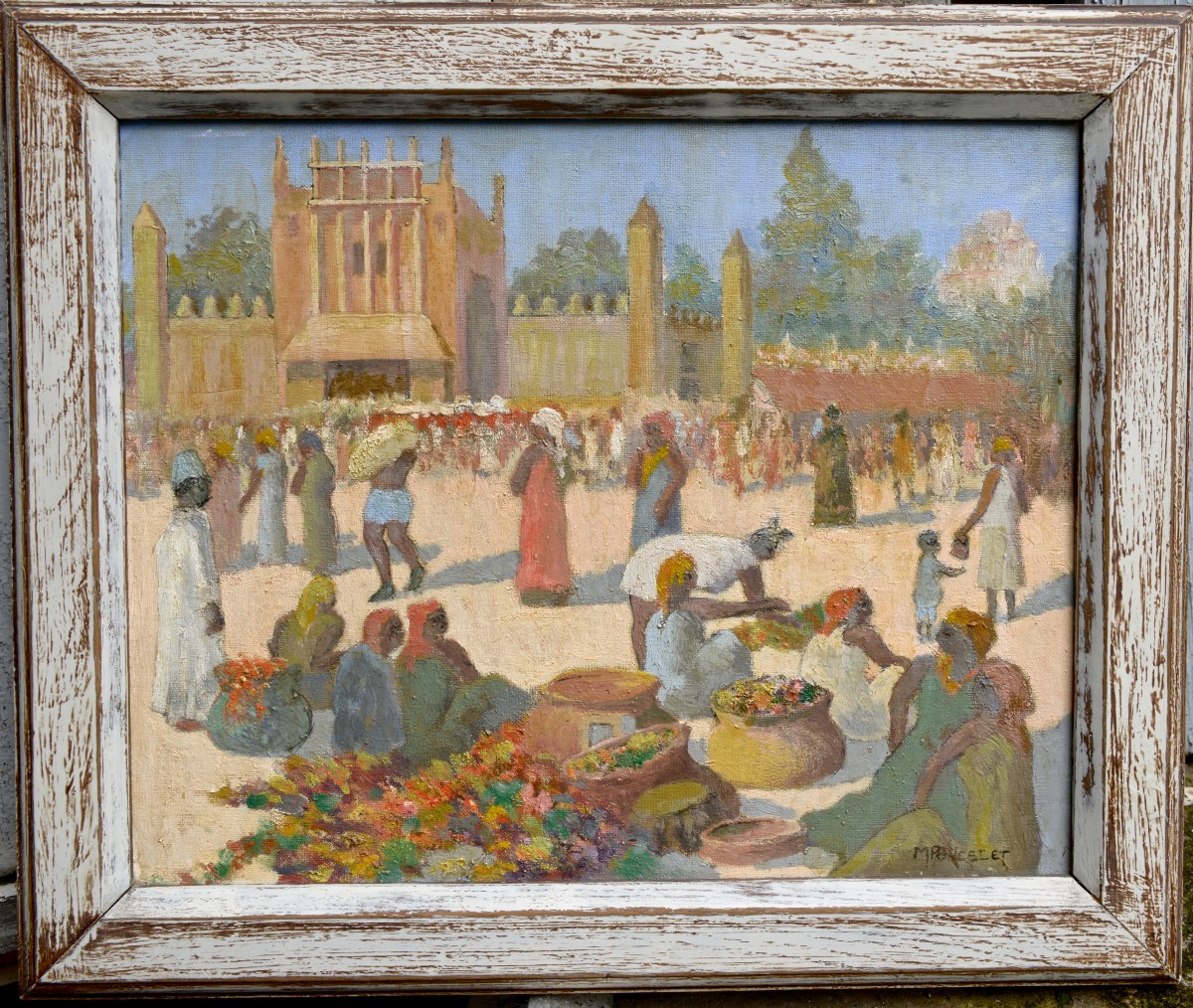 Maurice Poncelet "the Pink Market Of Bamako" Oil On Panel, Early 20th Century