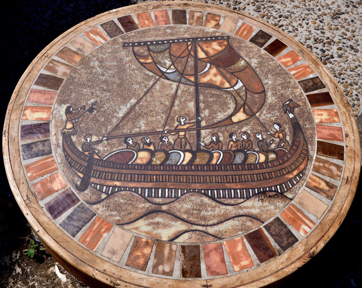 Picard, After The Bayeux Tapestry, Enamelled Lava Coffee Table With Vikings, 1970s-photo-3