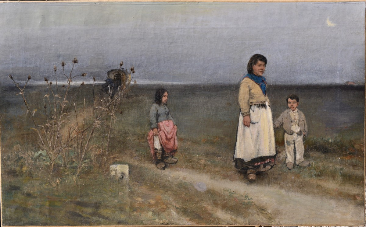 "gypsy Family On The Road" Oil On Canvas 19th Century