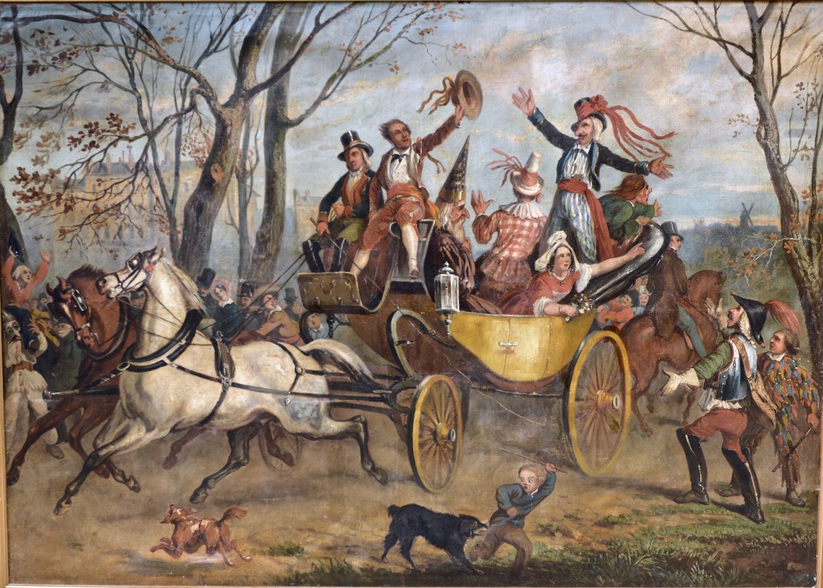 Grande "Scène de Carnaval à l'entrée de la Ville", Huile sur Toile XIXème-photo-2