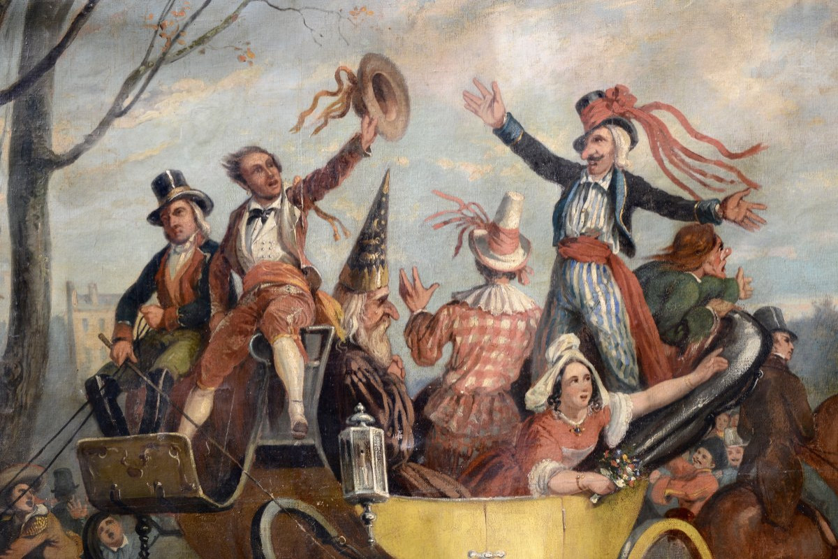Grande "Scène de Carnaval à l'entrée de la Ville", Huile sur Toile XIXème-photo-3