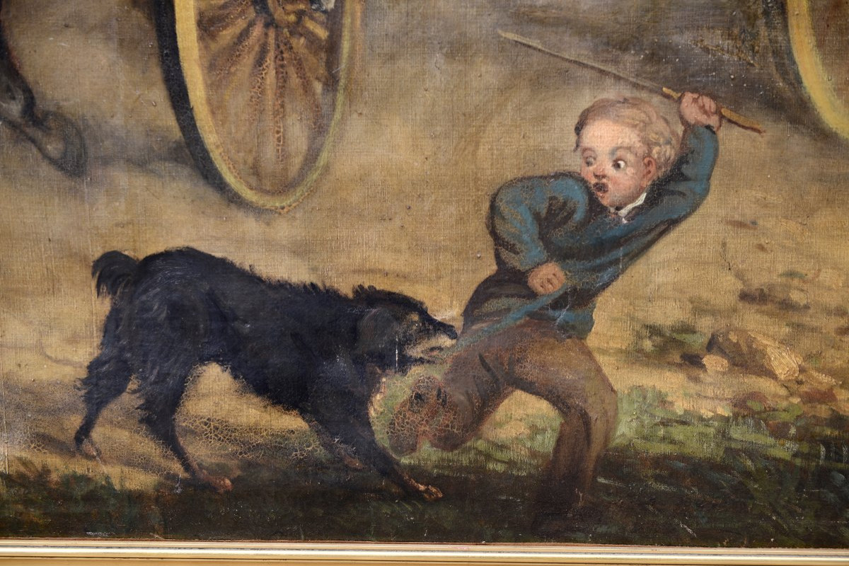 Grande "Scène de Carnaval à l'entrée de la Ville", Huile sur Toile XIXème-photo-6
