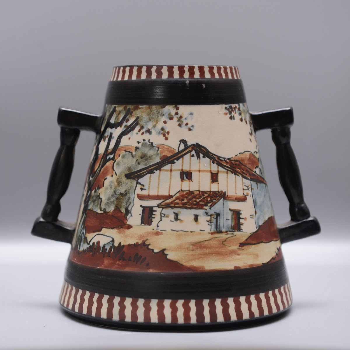 Ciboure, Berné, Conical Pot With Handles, "woman At The Fountain" Ceramic Circa 1955-photo-3