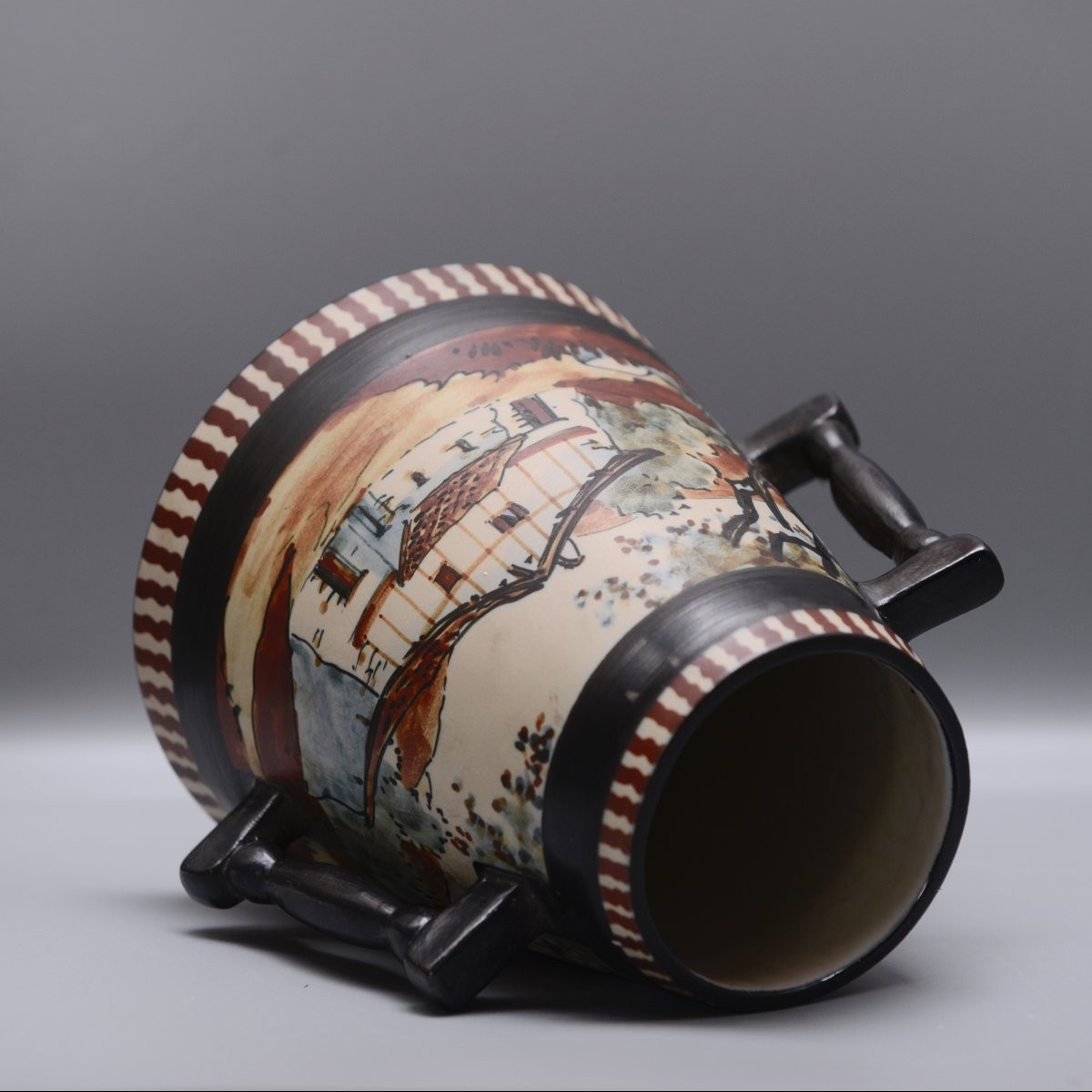 Ciboure, Berné, Conical Pot With Handles, "woman At The Fountain" Ceramic Circa 1955-photo-1