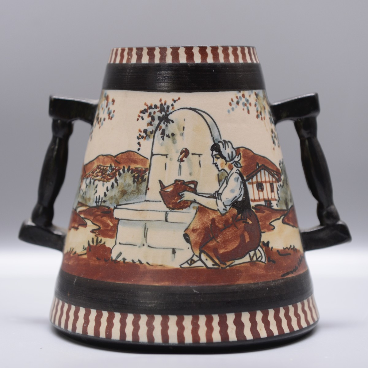 Ciboure, Berné, Conical Pot With Handles, "woman At The Fountain" Ceramic Circa 1955