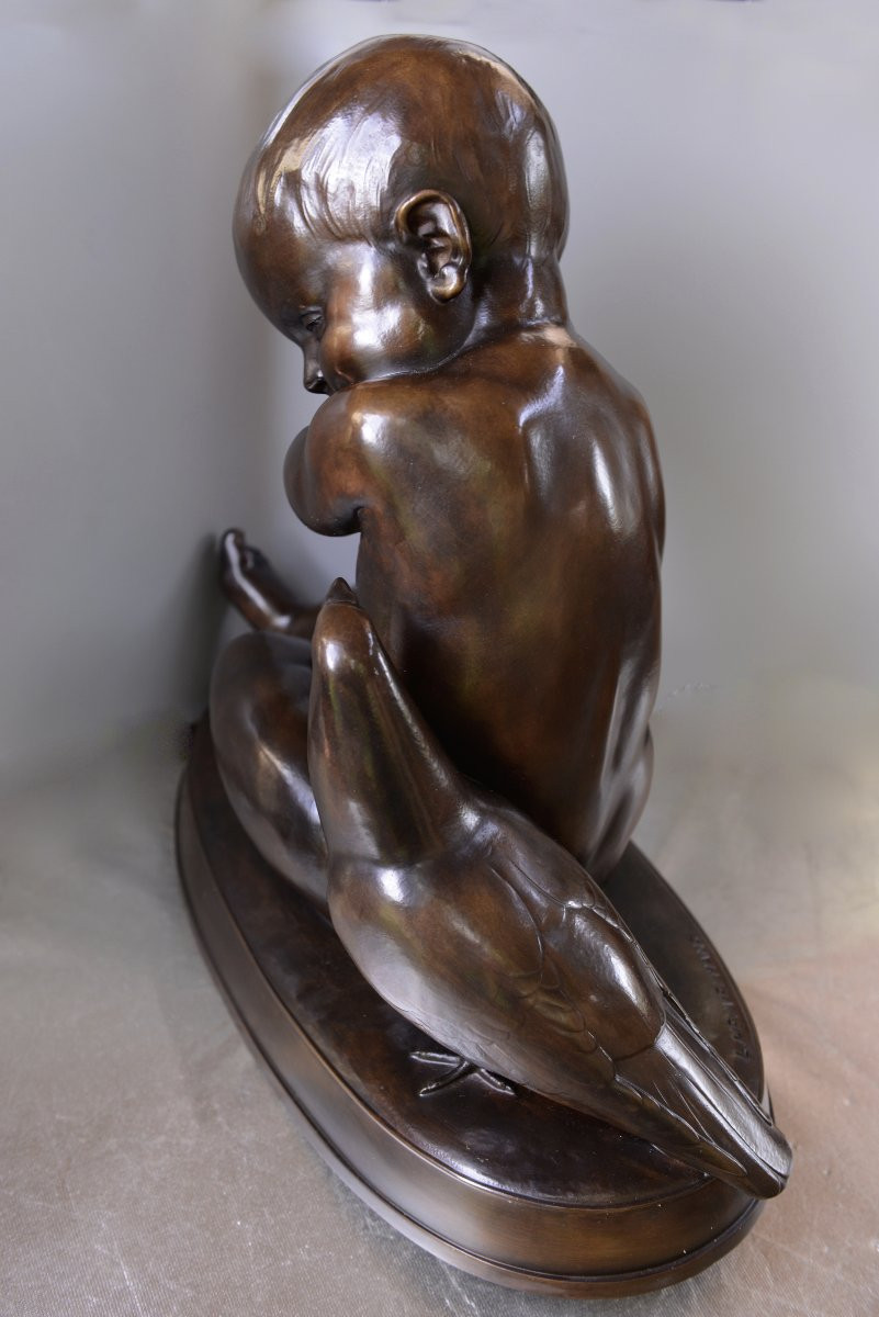 Lucienne Heuvelmans "Bacchus Enfant au Pampre et à l'Oiseau" Bronze vers 1930 Ed. Colin-photo-3