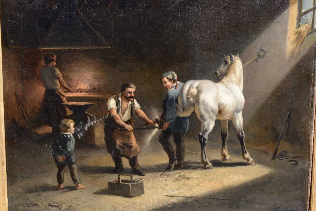 Louis-claude Mallebranche (1790-1838) "at The Blacksmith's" Oil On Canvas Circa 1820-photo-2