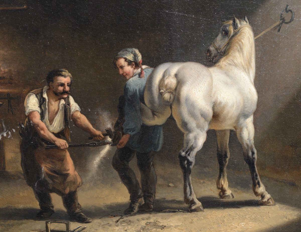 Louis-claude Mallebranche (1790-1838) "at The Blacksmith's" Oil On Canvas Circa 1820-photo-3