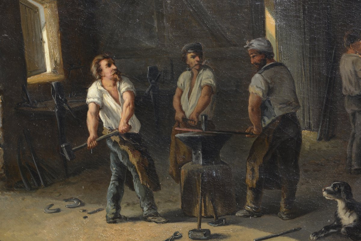 Louis-Claude MALLEBRANCHE (1790-1838) "A la Forge" Huile sur Toile vers 1820 -photo-2