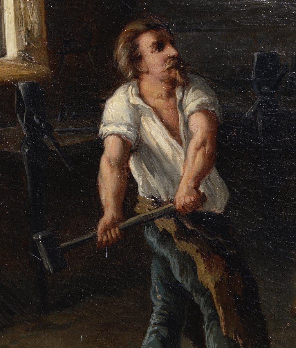 Louis-Claude MALLEBRANCHE (1790-1838) "A la Forge" Huile sur Toile vers 1820 -photo-4