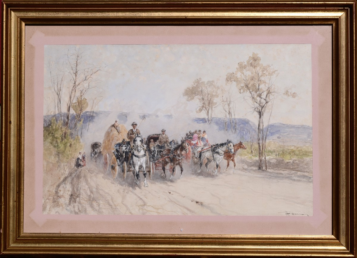 Francesco MANCINI "Strada Trafficata" Aquarelle vers 1875