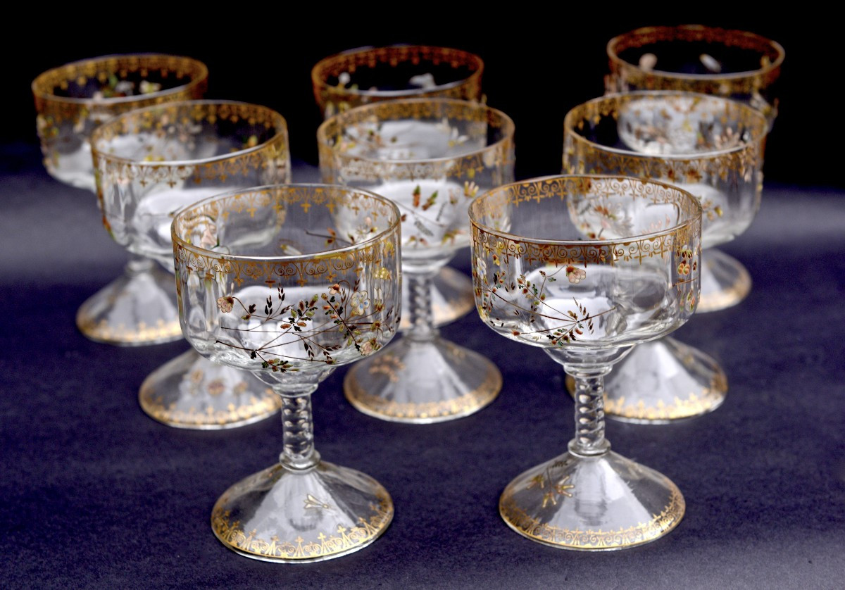 Emile Gallé, 8 Verres émaillés de la Cristallerie vers 1871-1876