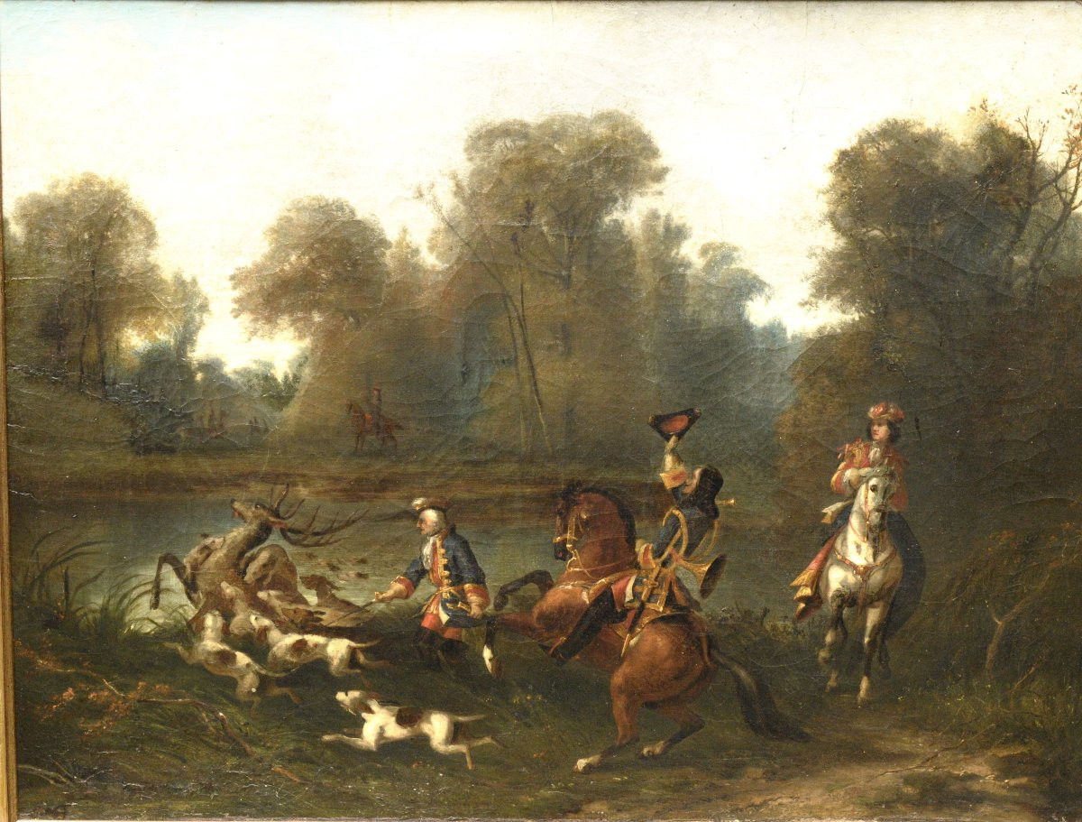 "hunting Scene" Oil On Canvas, 18th Century-photo-2