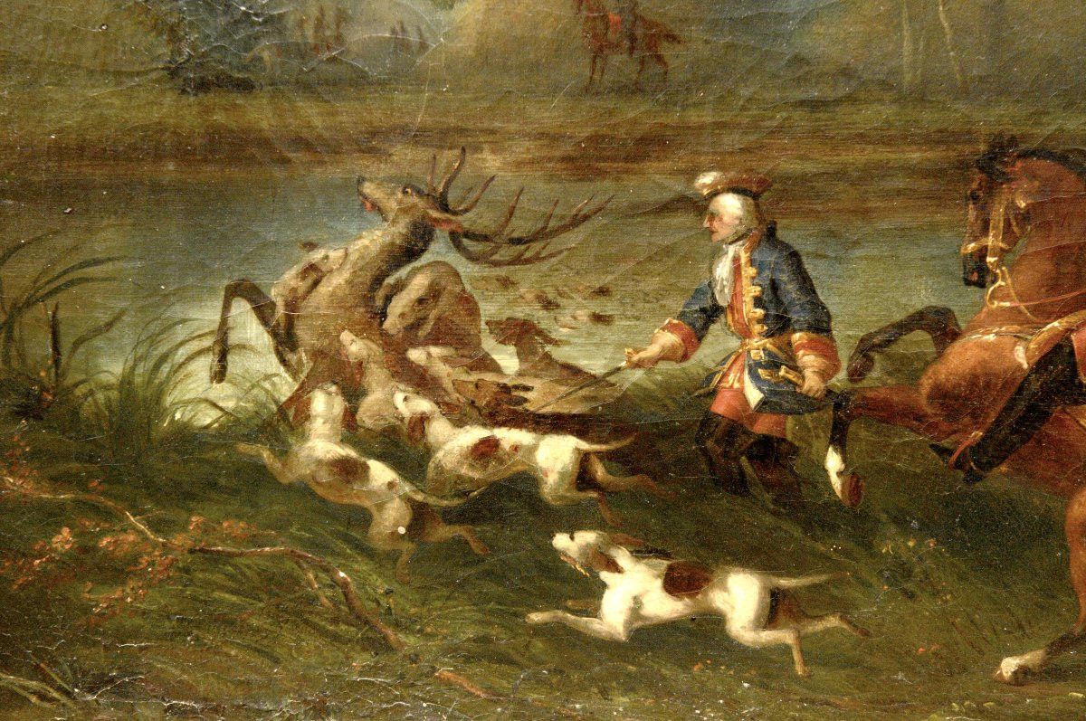 "hunting Scene" Oil On Canvas, 18th Century-photo-2