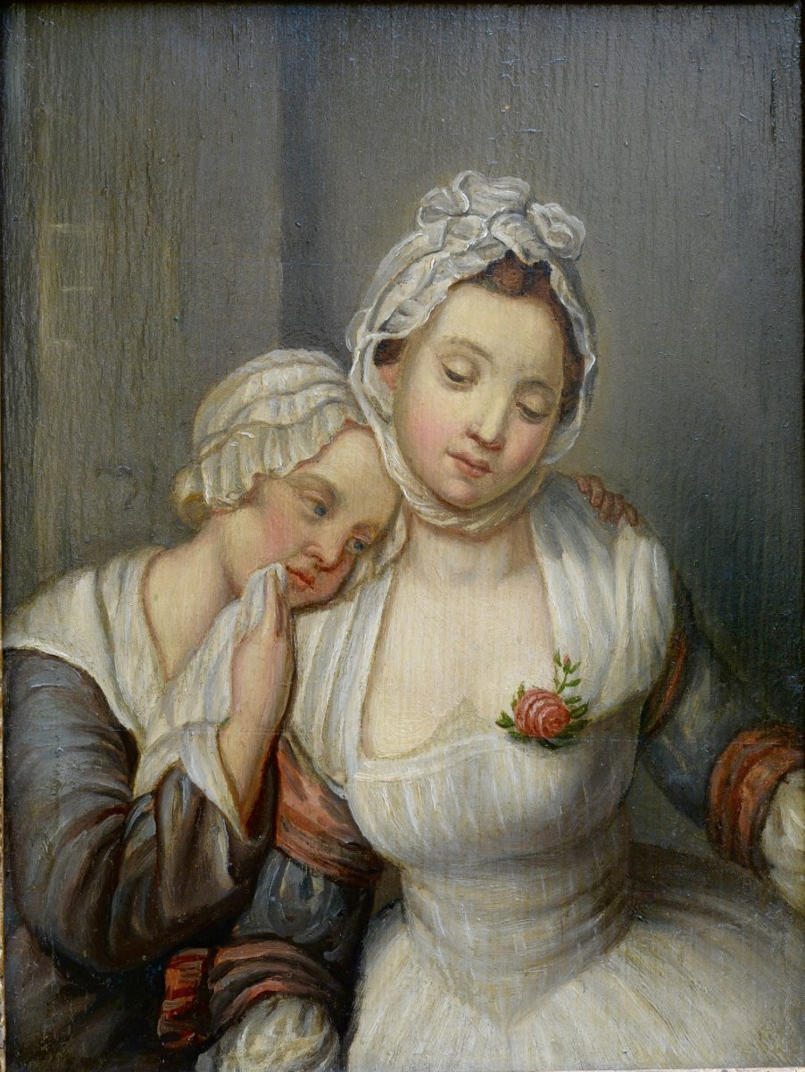 "Les Deux Soeurs" d'aprés JB Greuze, Huile sur panneau 19ème-photo-2