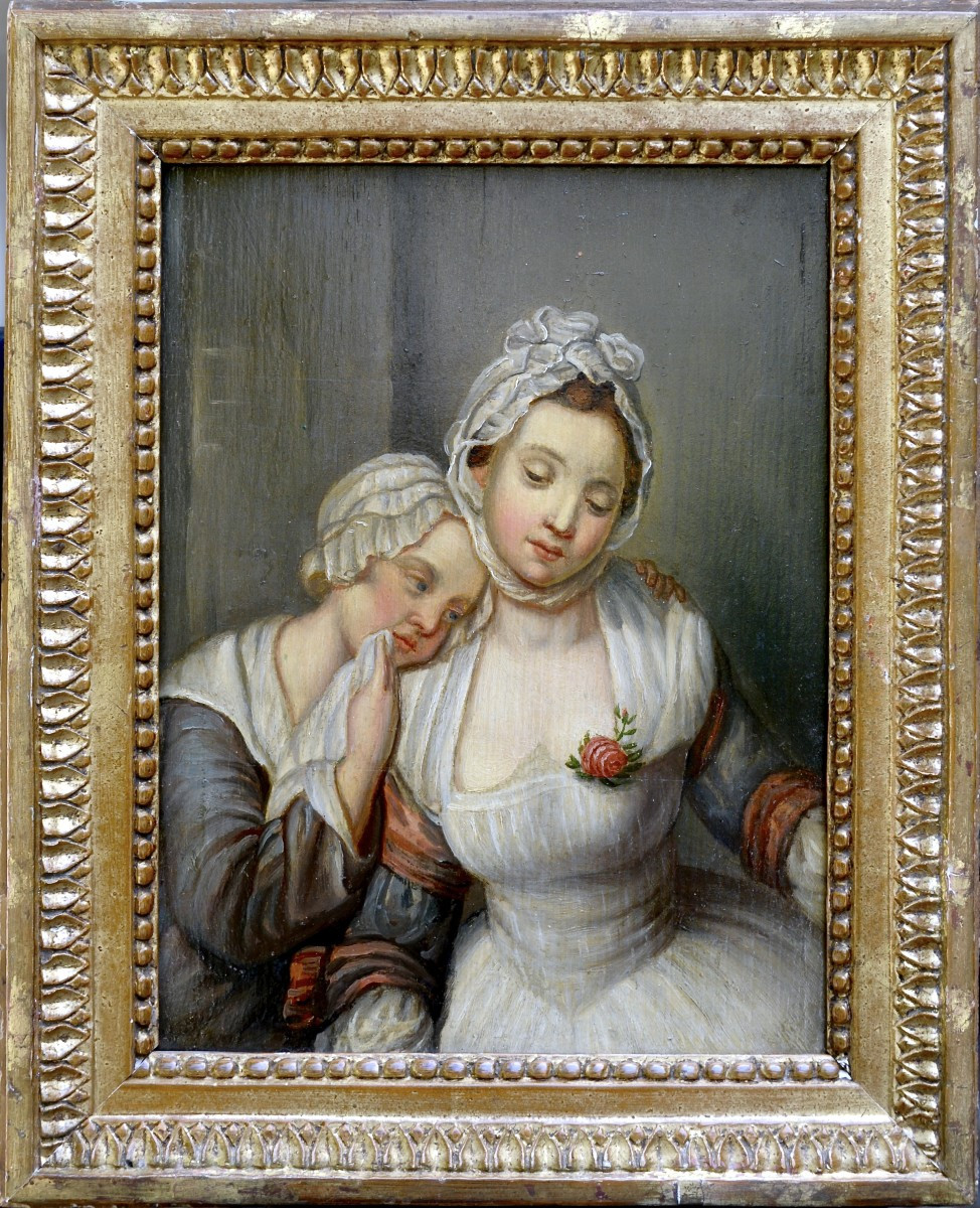 "Les Deux Soeurs" d'aprés JB Greuze, Huile sur panneau 19ème