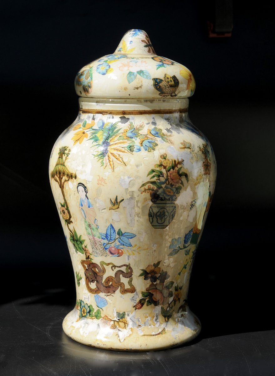 Vase Fixed Under Glass 18th Century, Potichomanie Work-photo-5