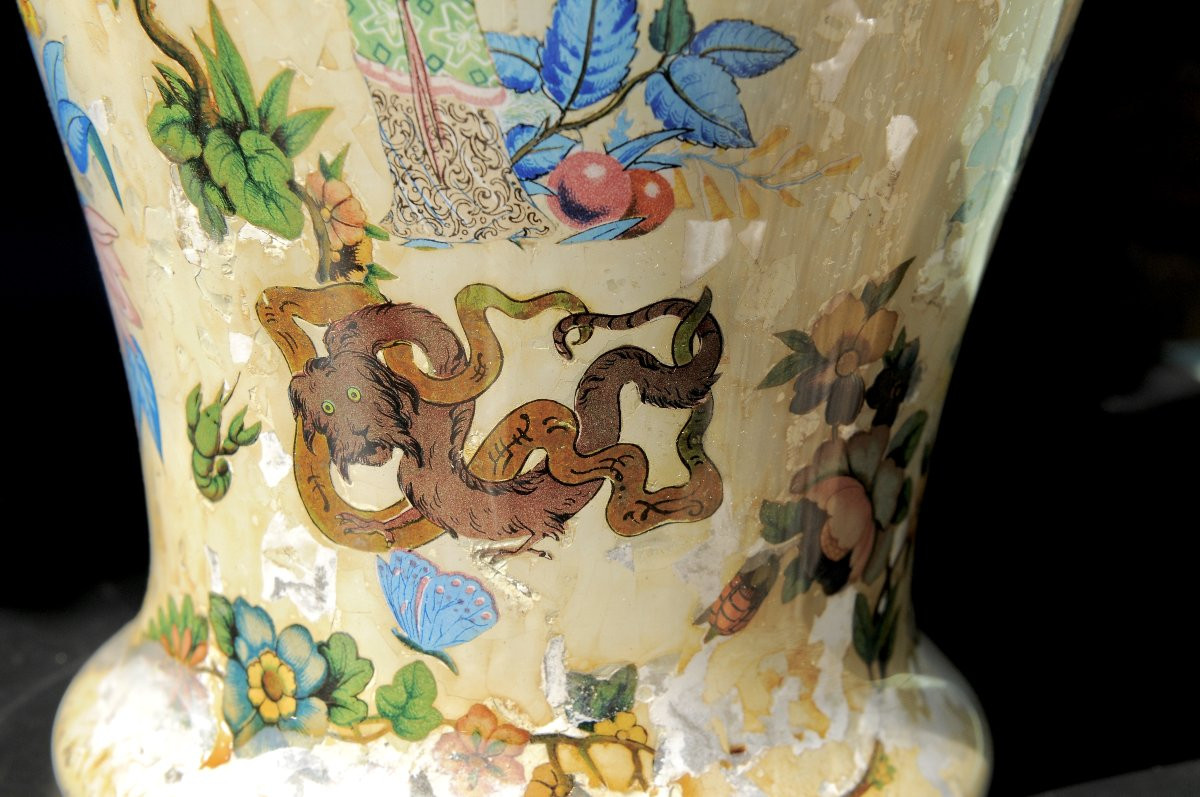 Vase Fixed Under Glass 18th Century, Potichomanie Work-photo-6