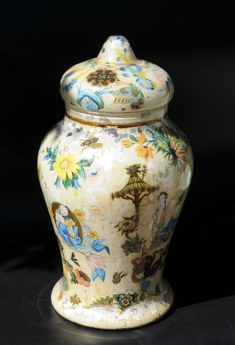 Vase Fixed Under Glass 18th Century, Potichomanie Work-photo-8