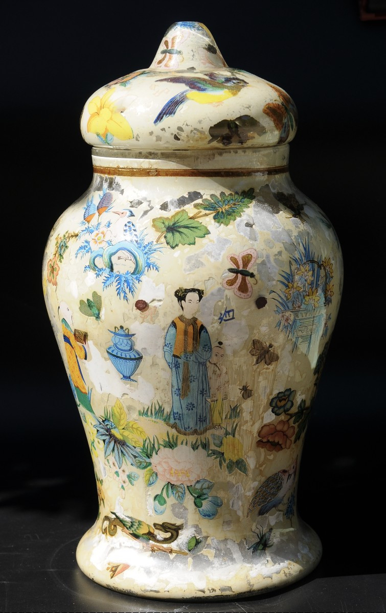 Vase Fixed Under Glass 18th Century, Potichomanie Work