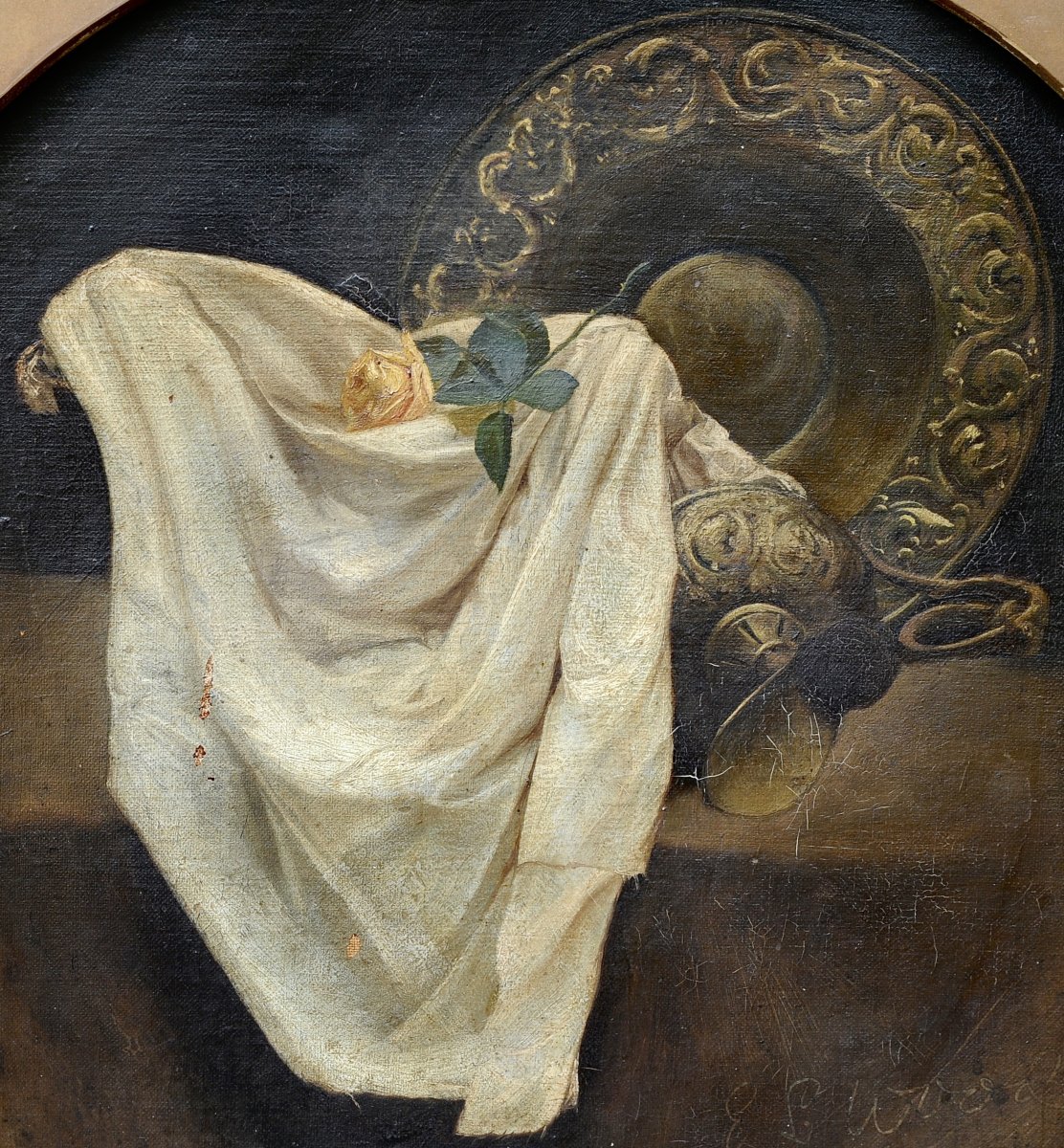 E.L. Wood, Nature Morte à la Rose, Huile sur Toile 19ème-photo-3