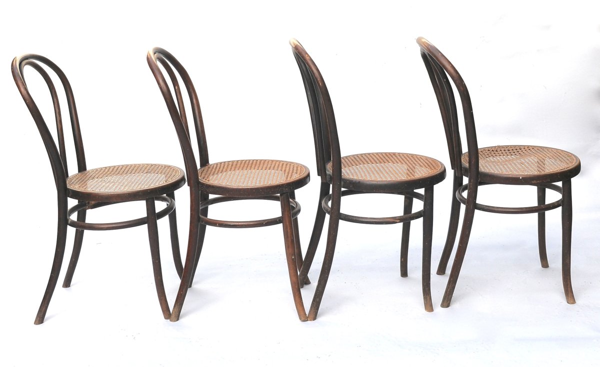 Thonet, 4 Chaises "Bistrot" Bois Courbé vers 1900-photo-4