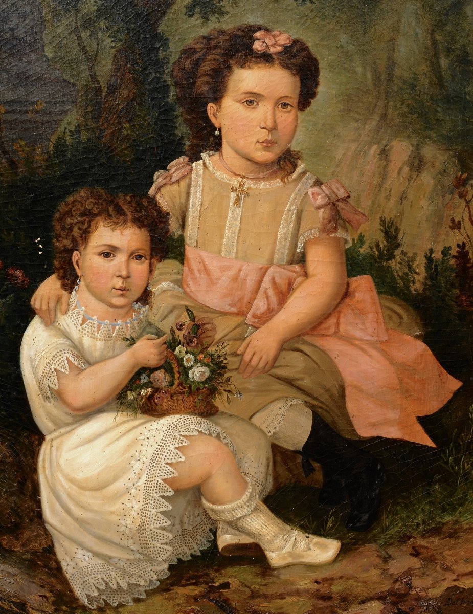 Désiré Chirac, "the Two Sisters," Large Oil On Canvas, Circa 1850-photo-2