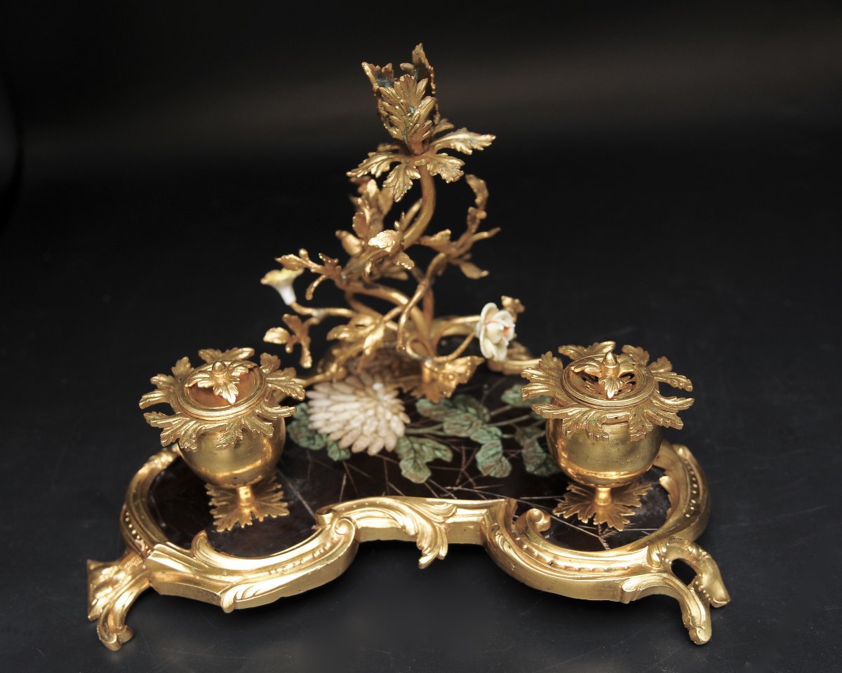 Louis XV Inkwell In Gilded Bronze, Lacquer, And Porcelain-photo-2