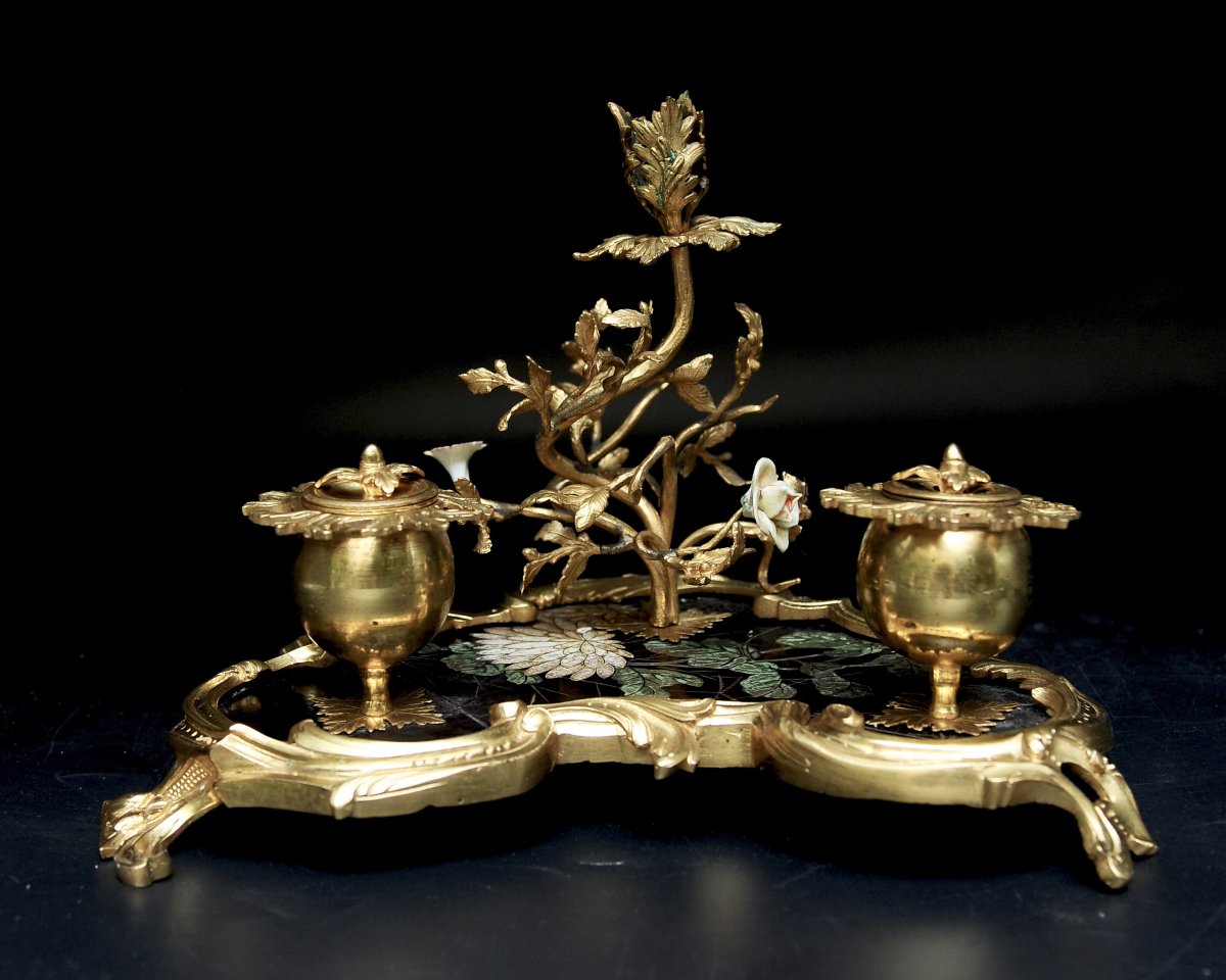 Louis XV Inkwell In Gilded Bronze, Lacquer, And Porcelain-photo-3