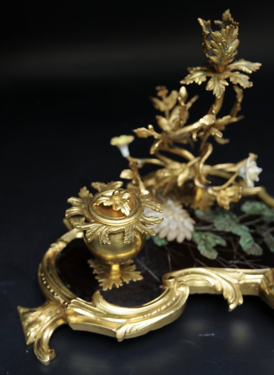 Louis XV Inkwell In Gilded Bronze, Lacquer, And Porcelain-photo-4