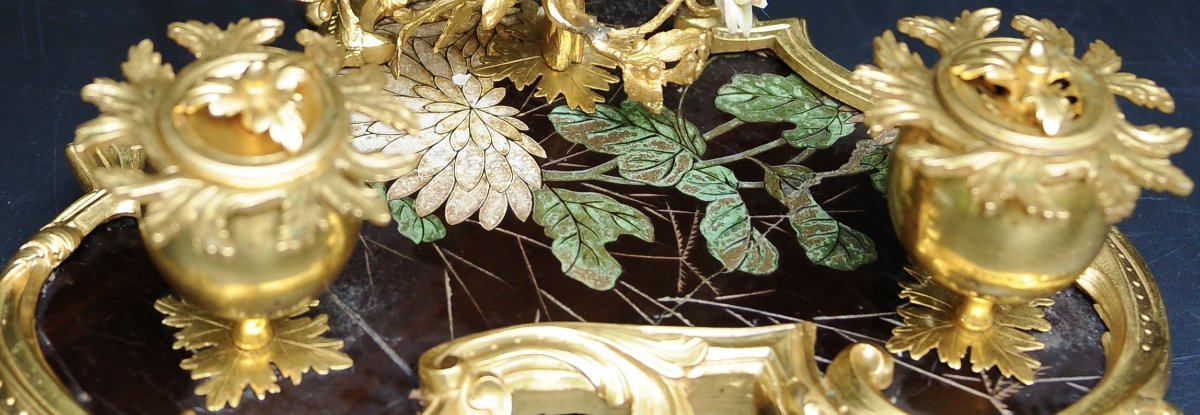 Louis XV Inkwell In Gilded Bronze, Lacquer, And Porcelain-photo-4
