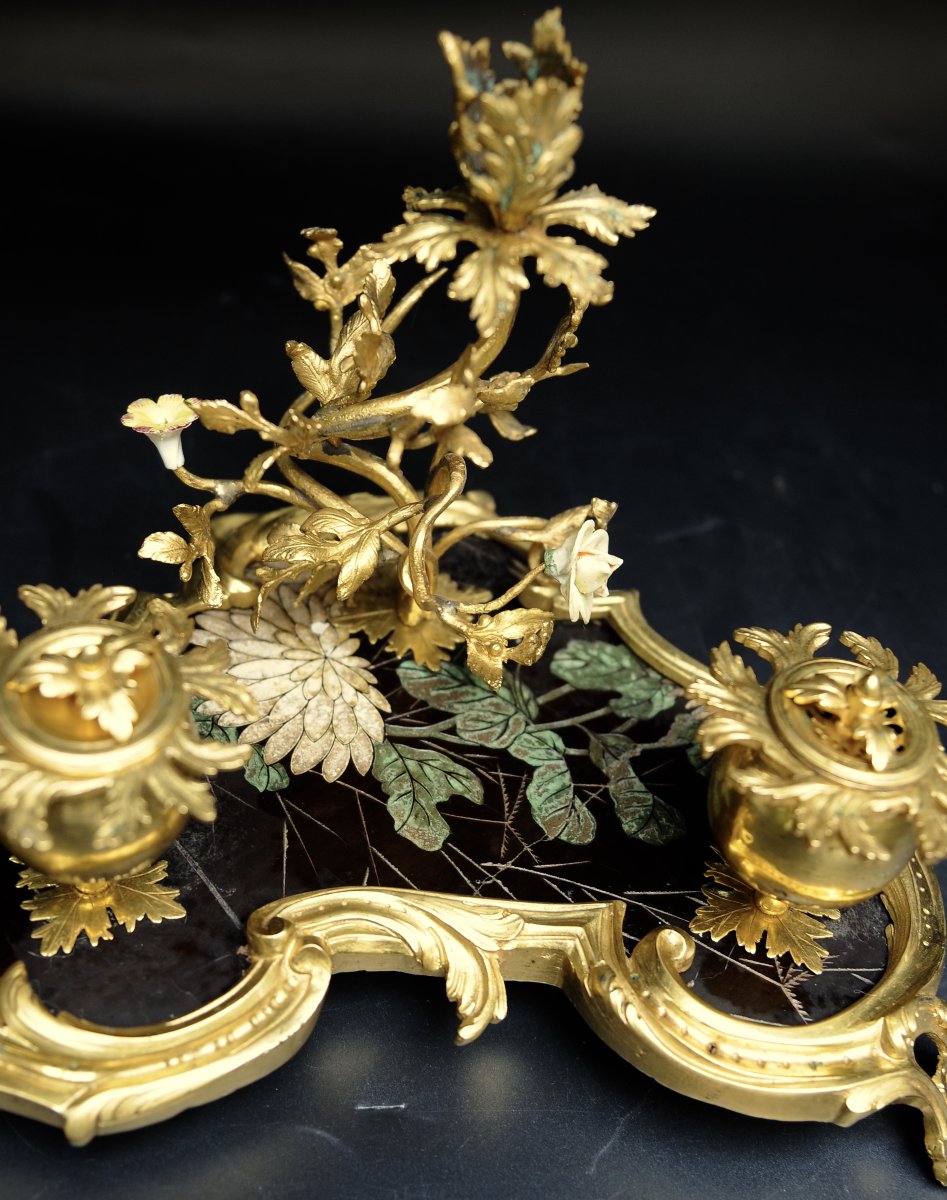 Louis XV Inkwell In Gilded Bronze, Lacquer, And Porcelain-photo-7