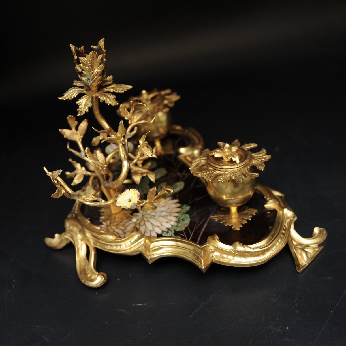 Louis XV Inkwell In Gilded Bronze, Lacquer, And Porcelain-photo-8