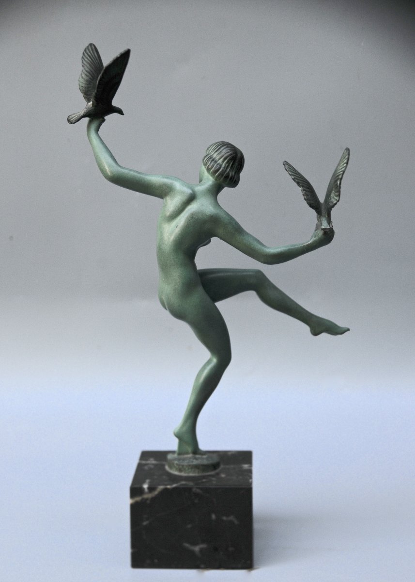 Marcel Bouraine, Atelier Le Verrier, “the Dancer With Doves,” Artistic Cast Iron, Circa 1925-photo-3