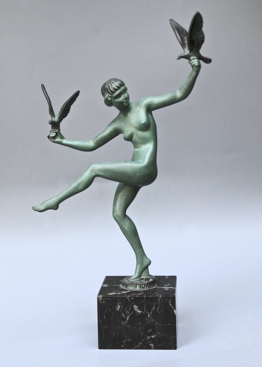 Marcel Bouraine, Atelier Le Verrier, “the Dancer With Doves,” Artistic Cast Iron, Circa 1925