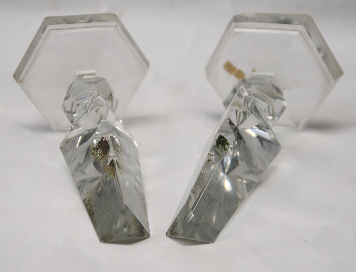 Pair Of Crystal Obelisks With Painted Intaglio Decorations, Circa 1860-photo-2
