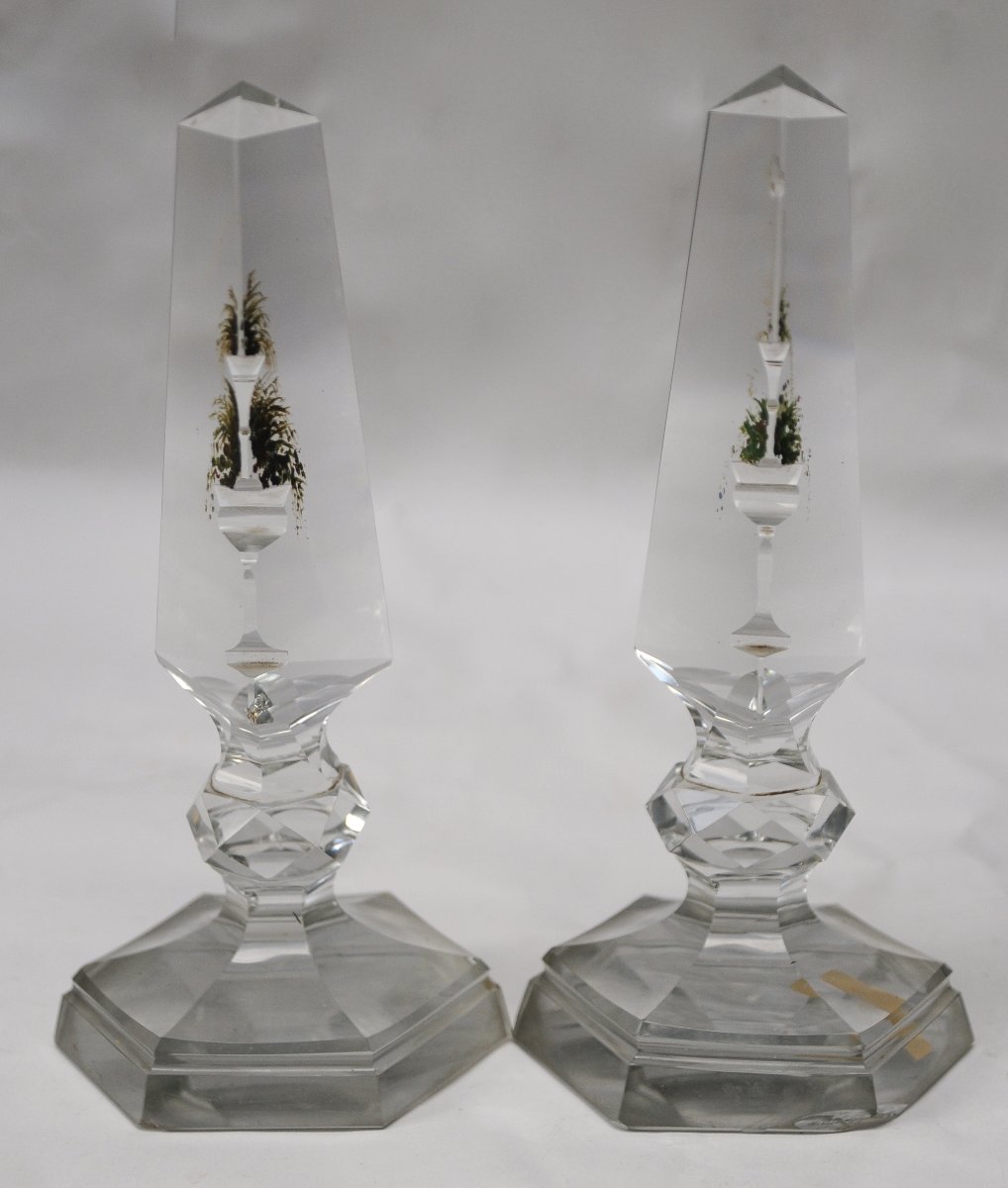 Pair Of Crystal Obelisks With Painted Intaglio Decorations, Circa 1860-photo-3