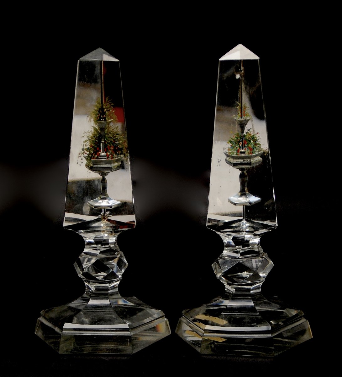 Pair Of Crystal Obelisks With Painted Intaglio Decorations, Circa 1860