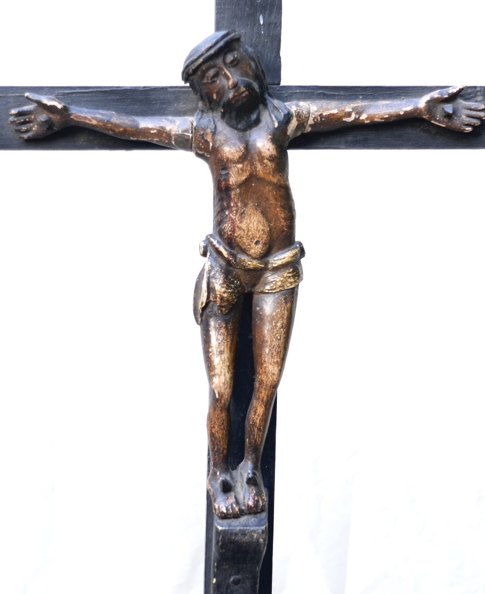 Crucifix Haute Epoque en Bois sculpté polychrome-photo-4