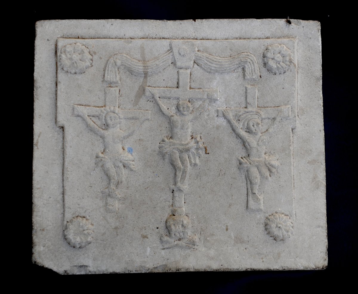 "crucifixion" 17th-century Carved Stone Bas-relief, Folk Art-photo-2
