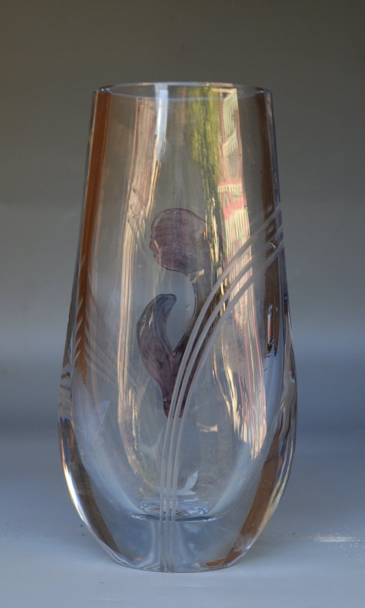 Daum, Ovoid Crystal Vase With Floral Design, Circa 1960-photo-1