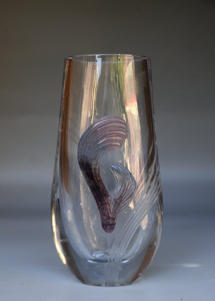 Daum, Ovoid Crystal Vase With Floral Design, Circa 1960