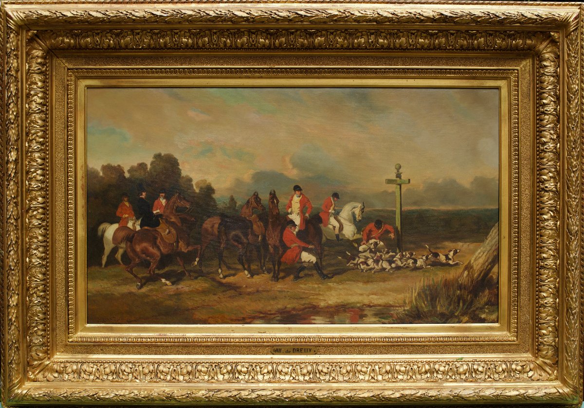 Alfred De Dreux, "scene Of A Hunt With Hounds," Oil On Canvas, Circa 1850