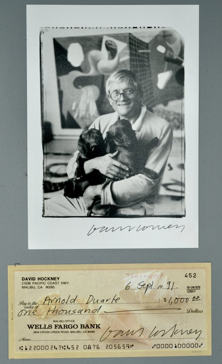 Chéque signé de David Hockney pour Arnold Duarte, Photo de Jim McHugh, 1991