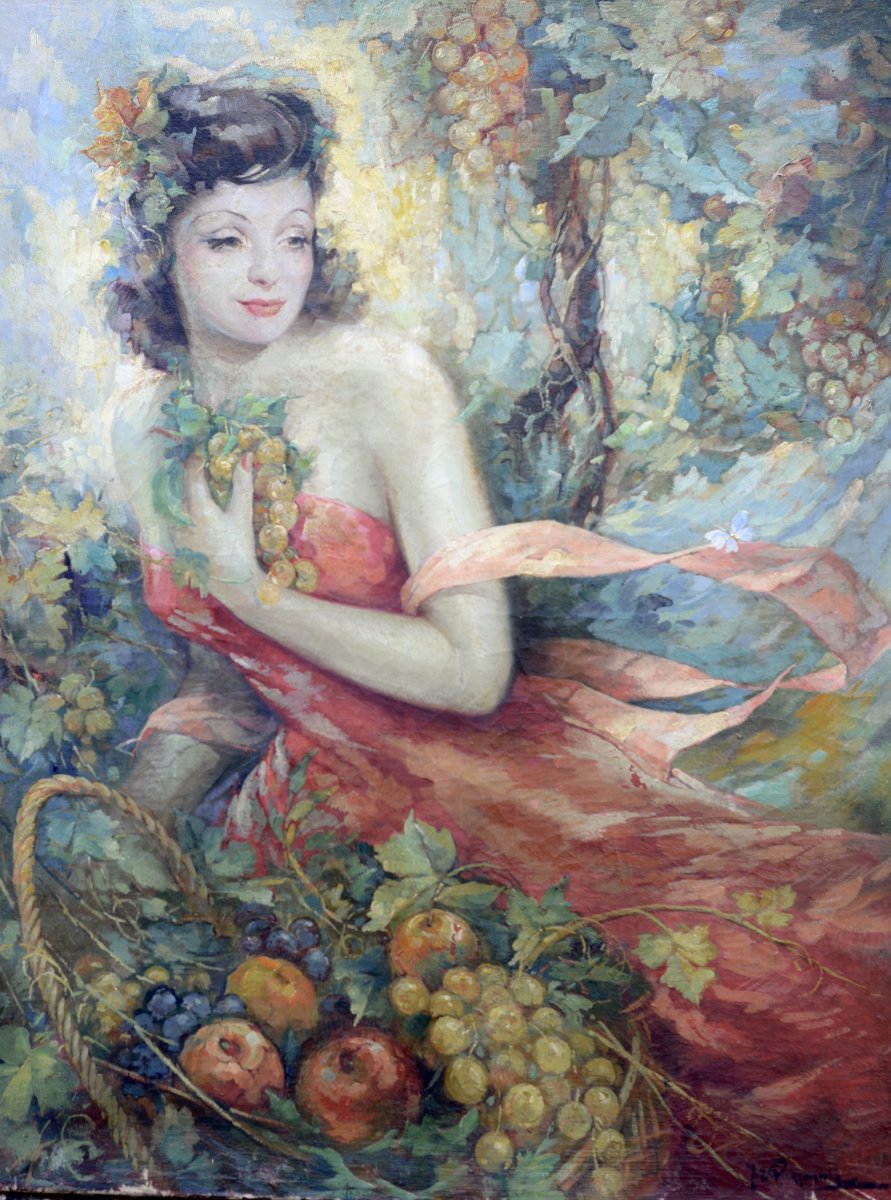 Jean René Poissonnier (1908–1981), “young Woman With A Basket Of Fruit,” Oil On Canvas, Ca. 1940-photo-1