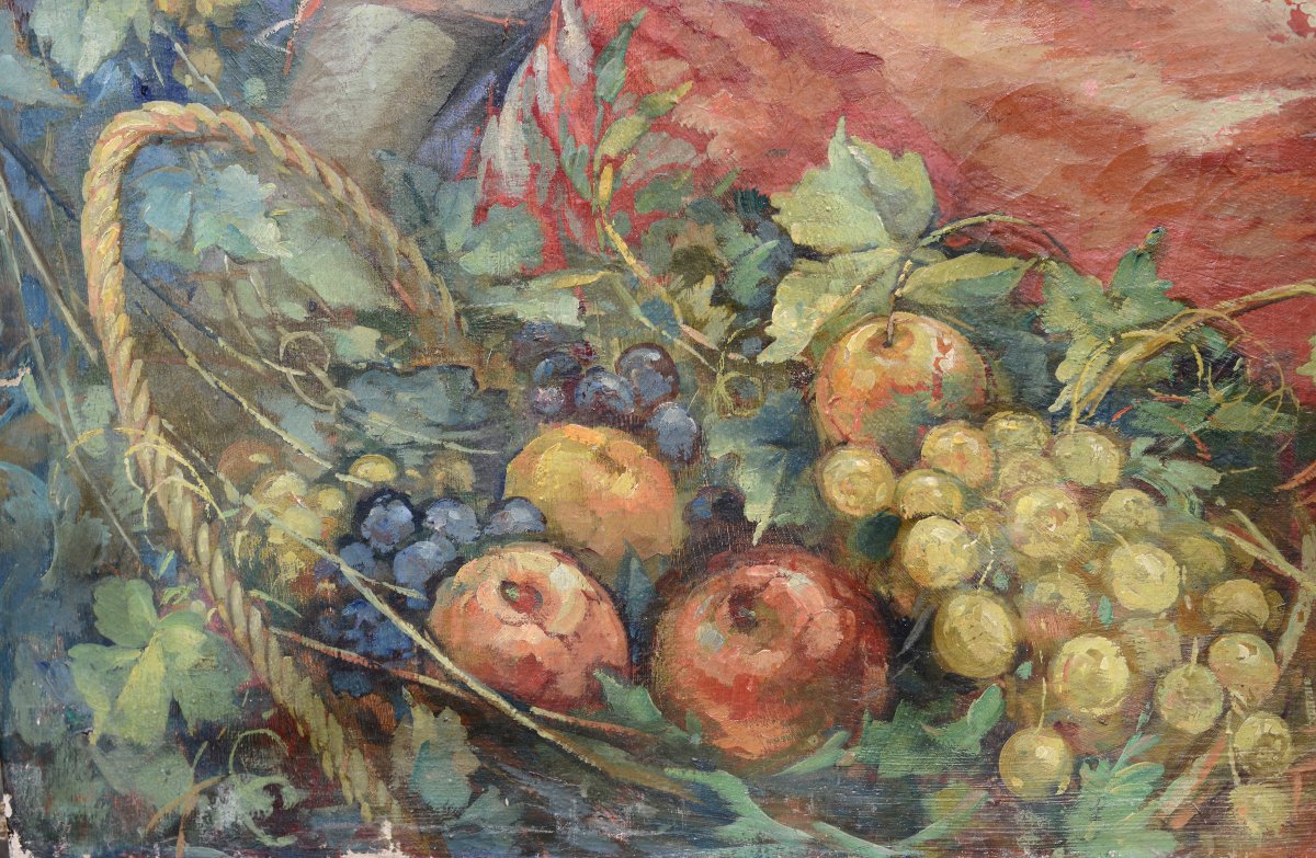 Jean René Poissonnier (1908–1981), “young Woman With A Basket Of Fruit,” Oil On Canvas, Ca. 1940-photo-3