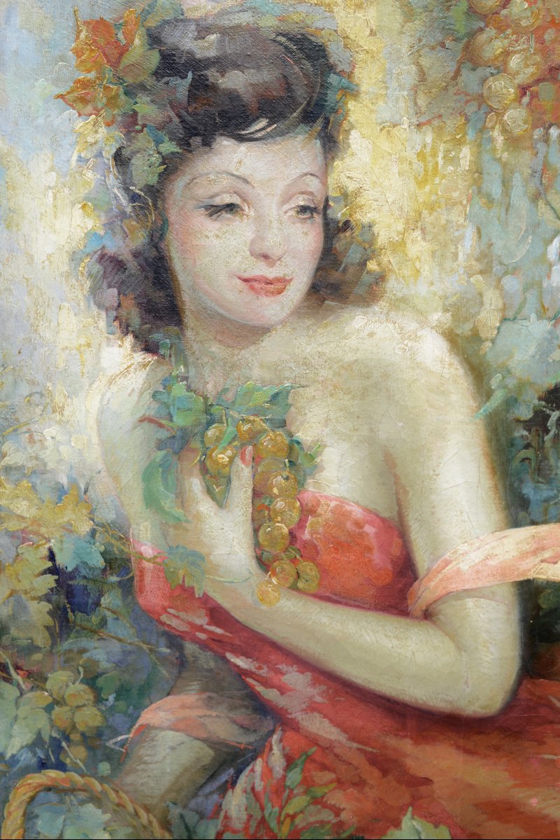 Jean René Poissonnier (1908–1981), “young Woman With A Basket Of Fruit,” Oil On Canvas, Ca. 1940-photo-5