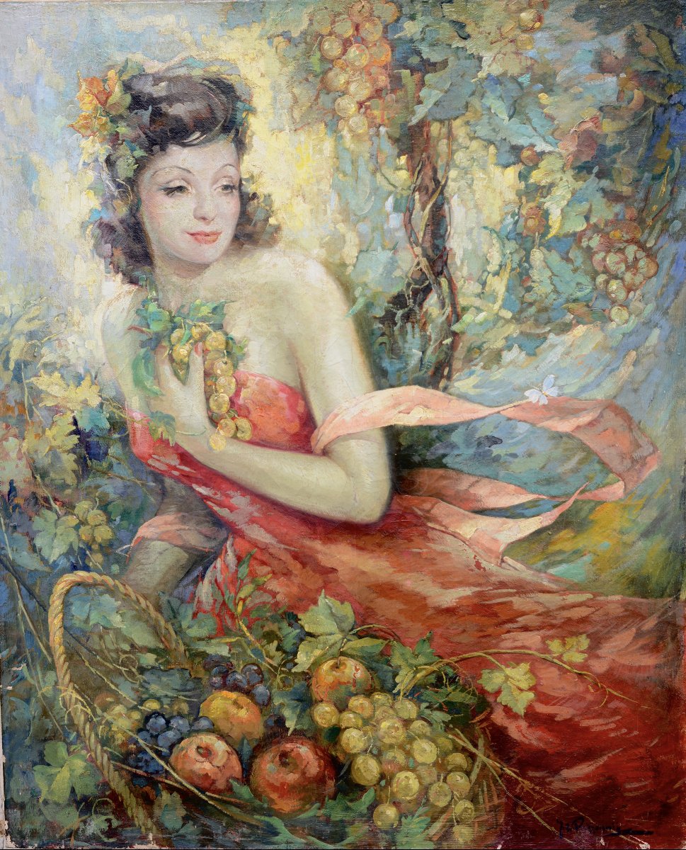 Jean René Poissonnier (1908–1981), “young Woman With A Basket Of Fruit,” Oil On Canvas, Ca. 1940
